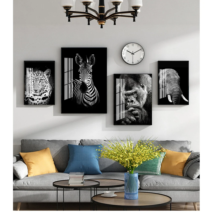 Malarstwo artystyczne Nowoczesny wystrój salonu Czarny biały abstrakcyjny obraz zwierzęcy Zebra Lew Leopard Canvas Nordic Print Wall