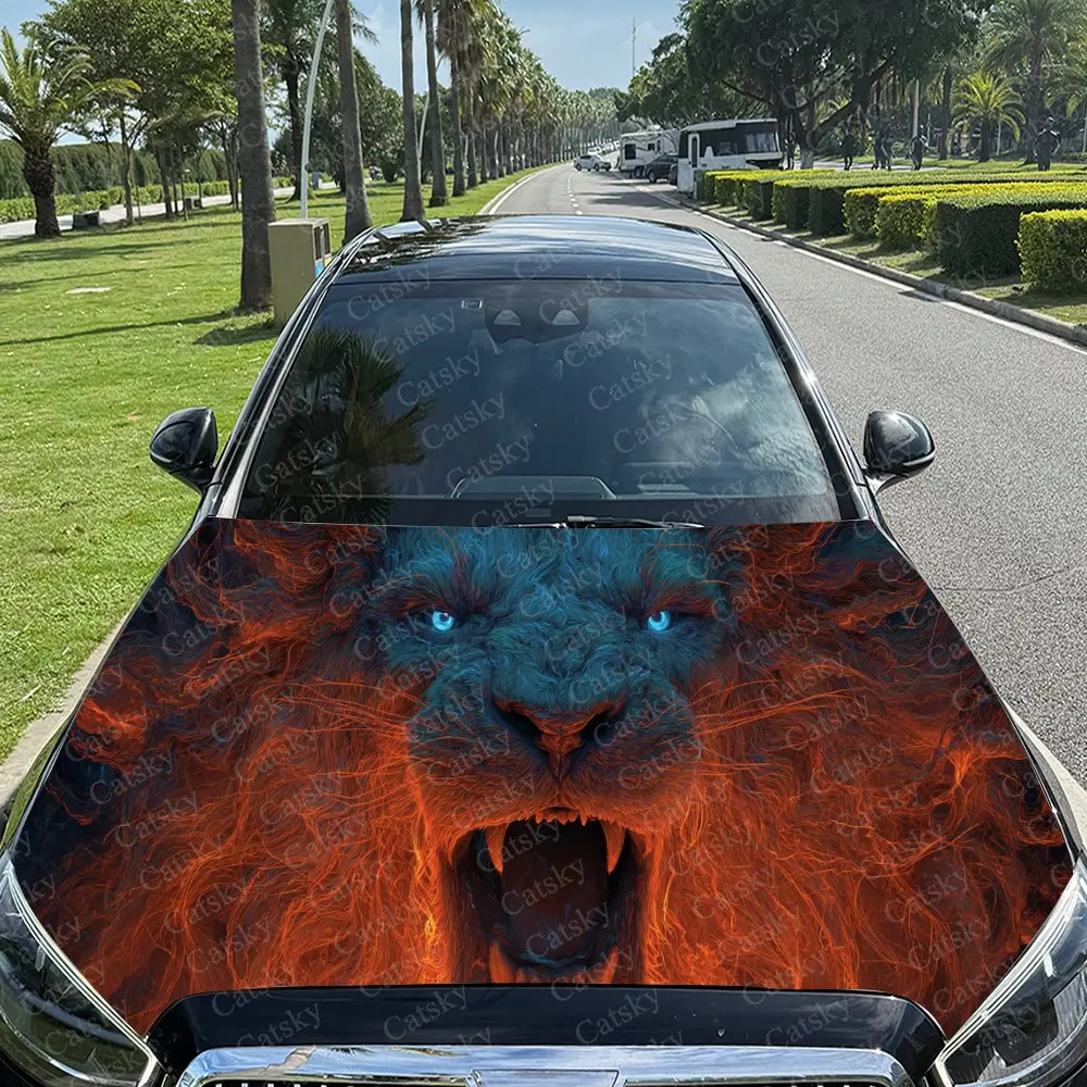 

Fiery Blue Lion with Bold Flame Car Hood Stickers - Self-Adhesive, Waterproof and Durable Vinyl Wrap, Decorate And Protect Your