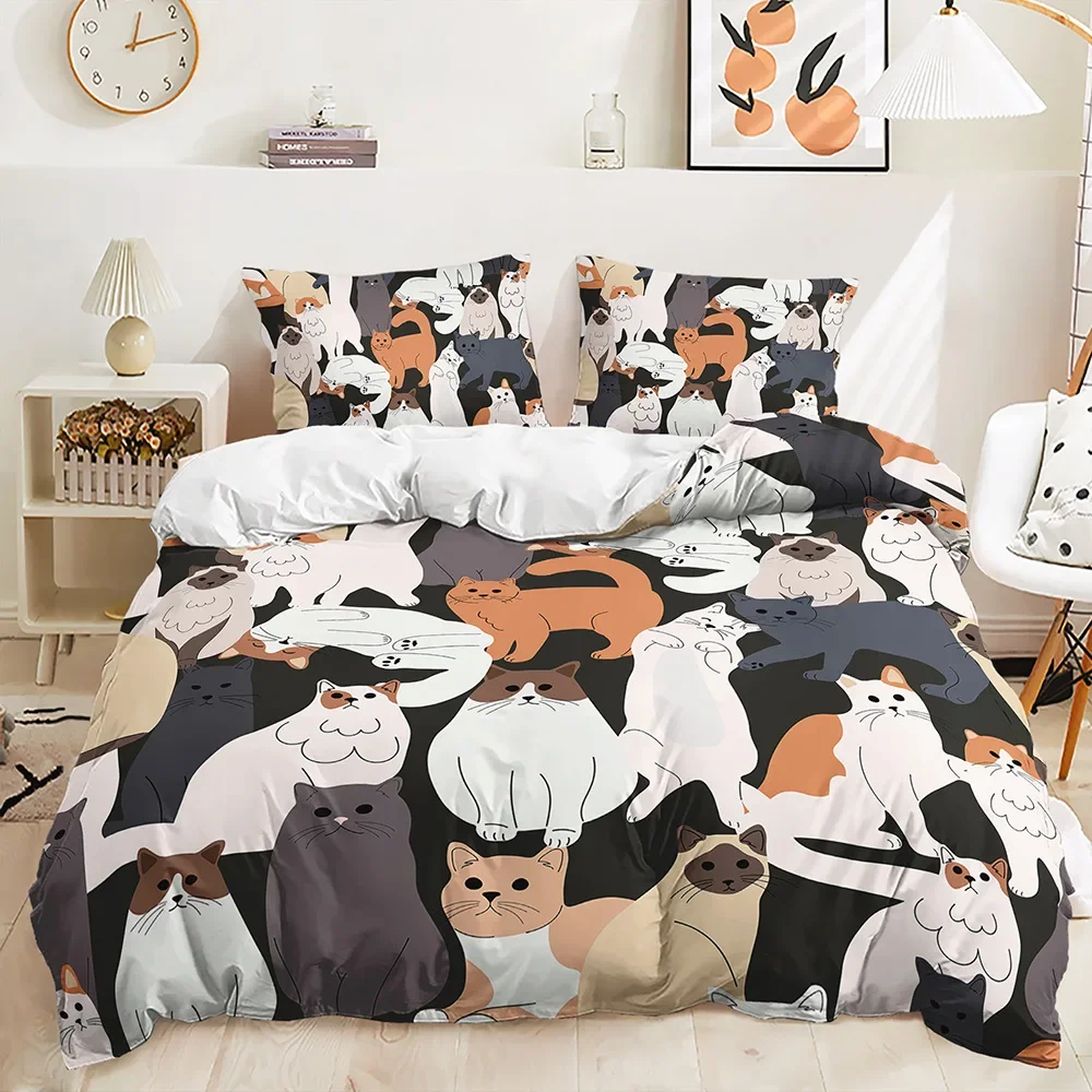 

Cute Cartoon Cat Soft Microfiber Bedding Set with Pillowcases Queen King Single Size 135x200cm Duvet Cover Animal Theme