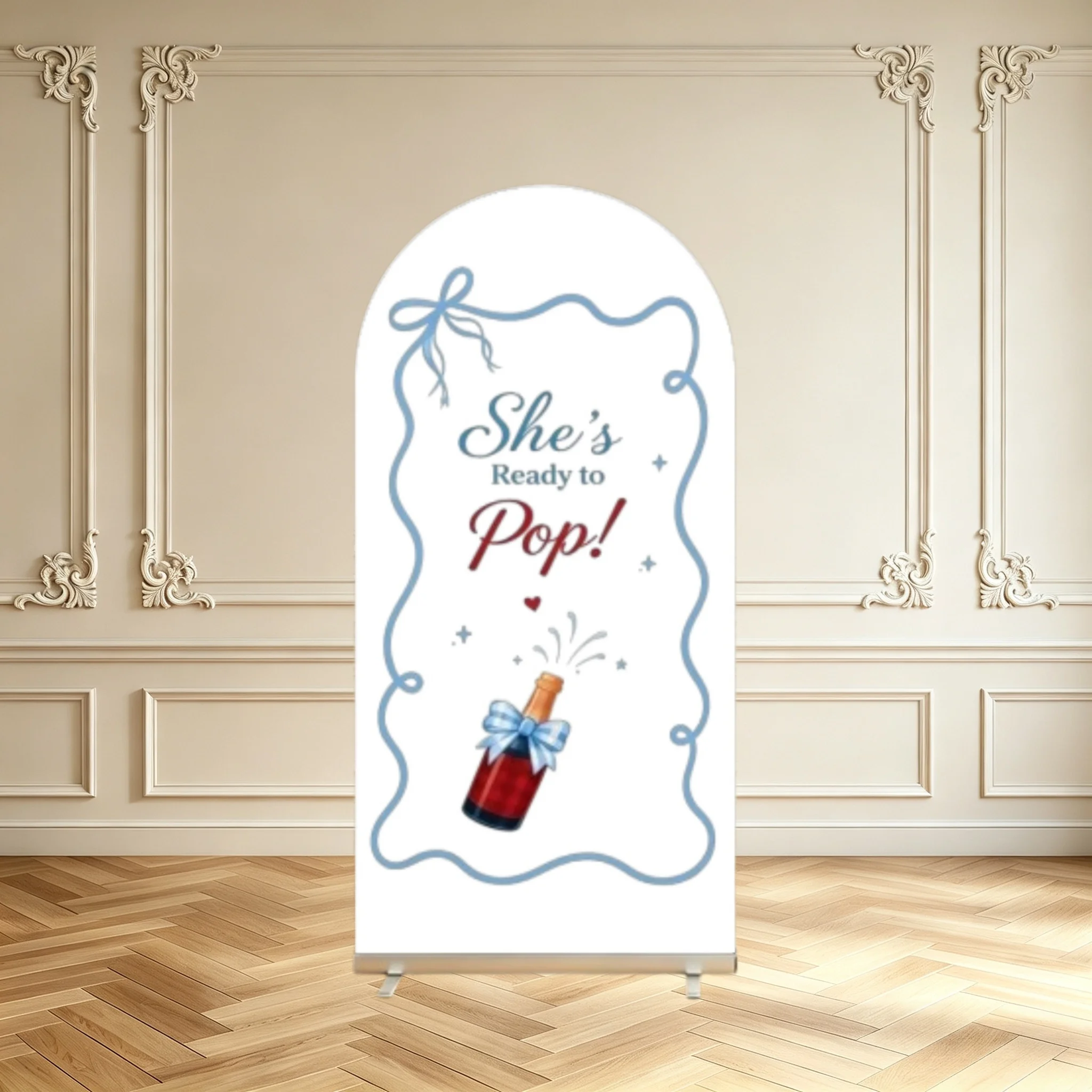 She's Ready to Pop Arch Backdrop Cover Light Blue Plaid Champagne Bottle Bow Baby Shower Party Decoration Arch Cover Background