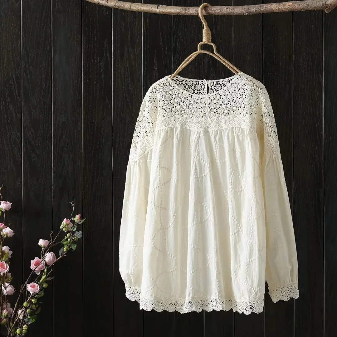 Autumn Medium Long Cotton Shirts Women Round Collar Tops Long Sleeve Hollow Crochet Lace Patchwork Loose Casual Blouses T37959JC