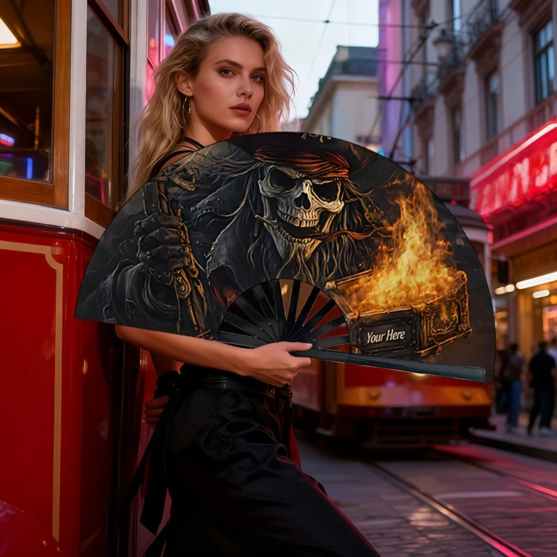 Dark Pirate Skull Folding Fan, Flame Treasure Printed Pattern, Pirate Skull Theme Lightweight Folding Fan, Summer Party| Bar Atmosphere Artifact| Music Festival Trendy Essential| Home Decoration| Women'S Folding Fan