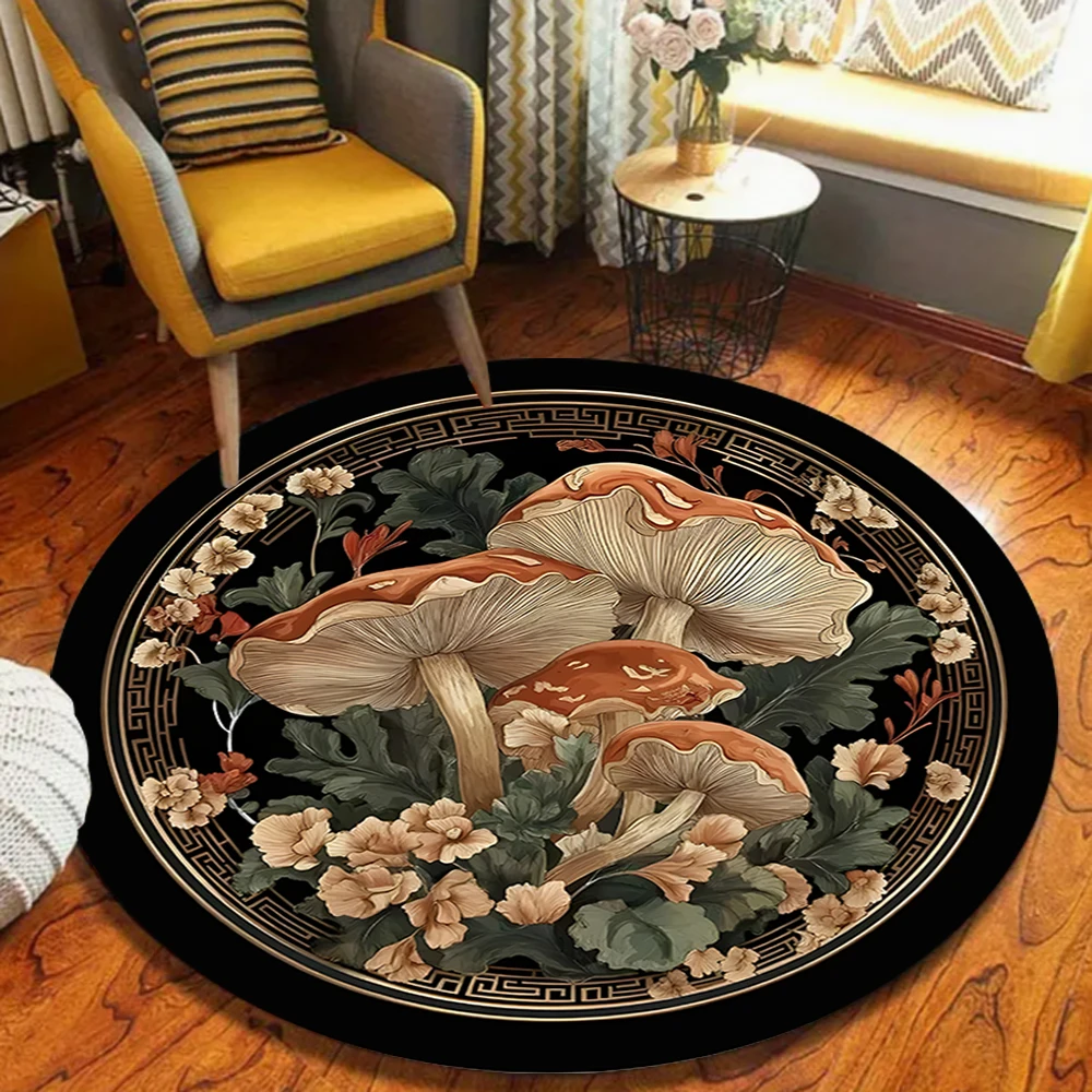 Enchanting Mushroom Round Floor Mat - Big Mushrooms & Lush Foliage on Dark Blue, Soft & Non-Slip, Magical Room Decor