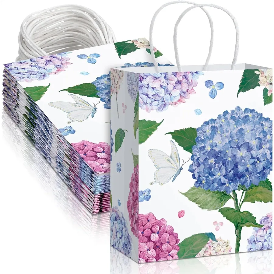 

24 Pcs Small Size Floral Gift Bags Watercolor Hydrangea Paper Gift Bags with Handles Spring Summer Party Favor for Mothers Day