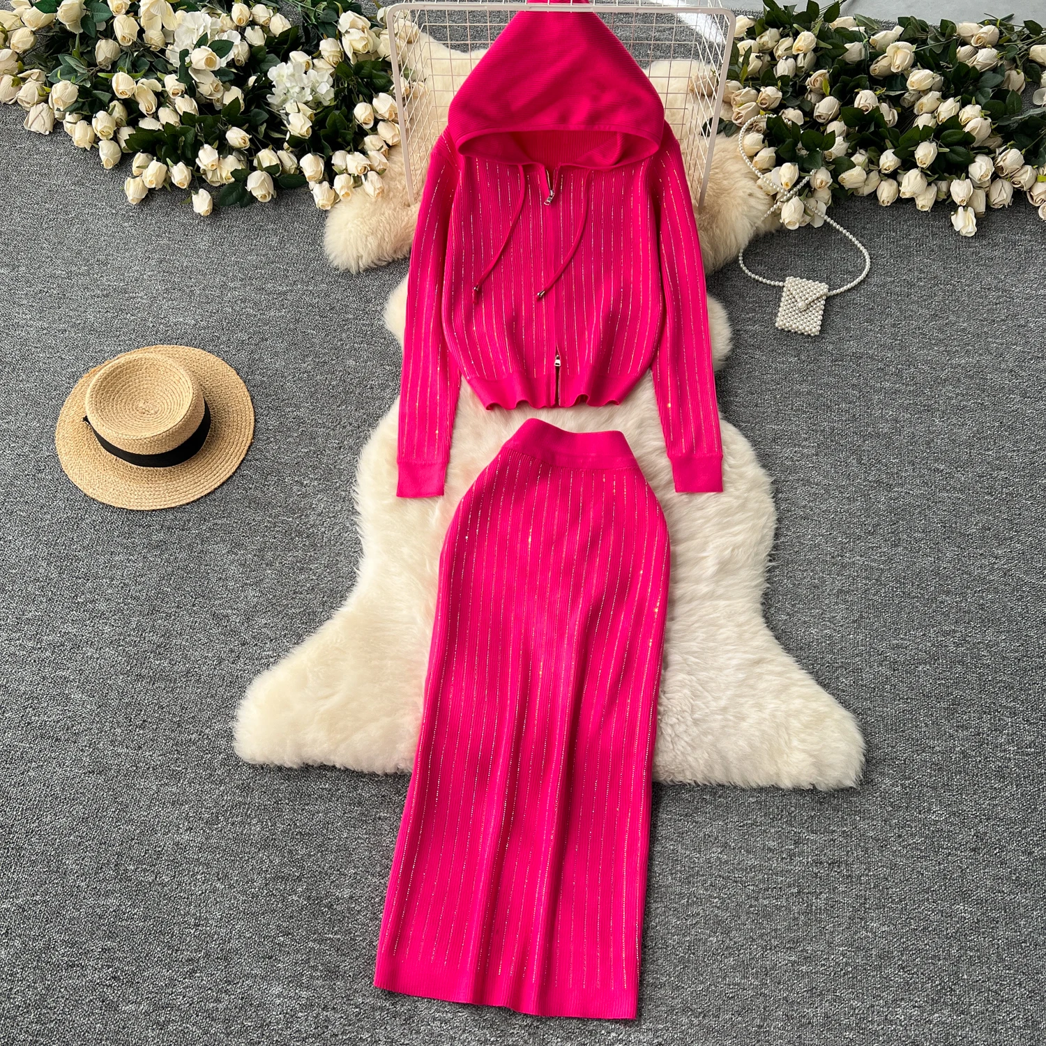 

2024 winter knit long skirts set designer rhinestones hooded knited cardigans+maix skirt two pieces suits outfits