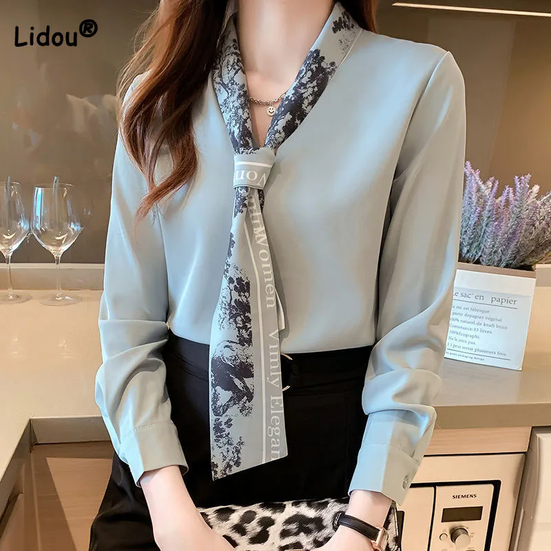 

Elegant Office Lady Scarf Collar Solid Color Blouse Spring Women's Clothing Fashion Korean Chiffon Long Sleeve Shirt Pullovers