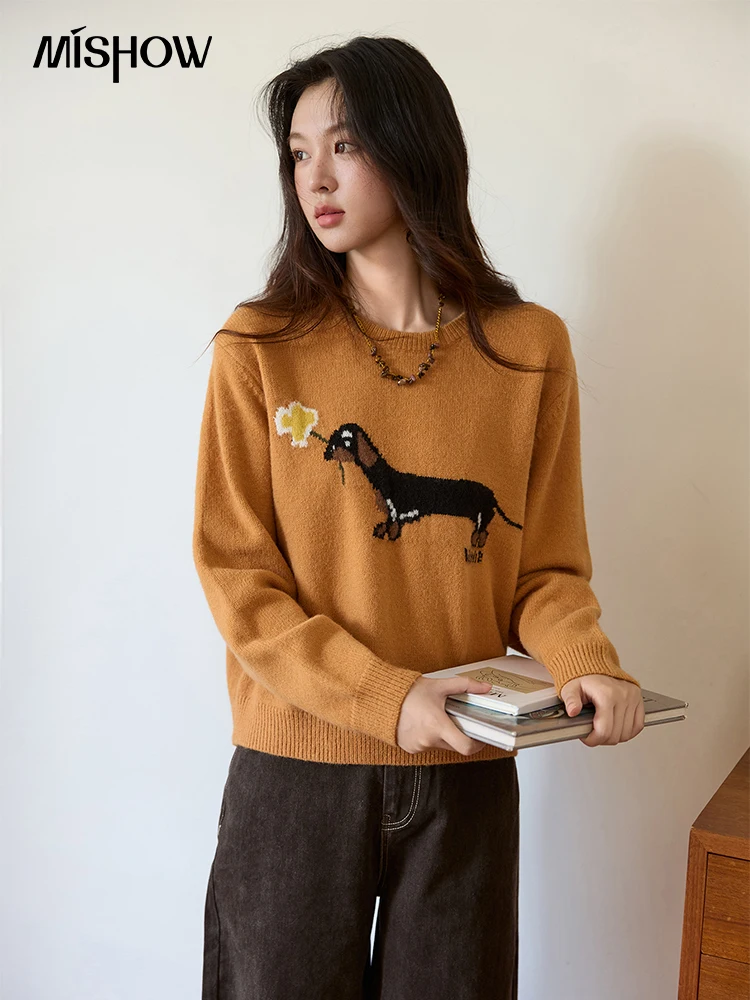 MISHOW Oranje Ronde Hals Trui voor Vrouwen 2025, Herfst Winter Nieuwe Worst Hond Cartoon Jacquard Losse Casual Kint Top MXE48Z2578