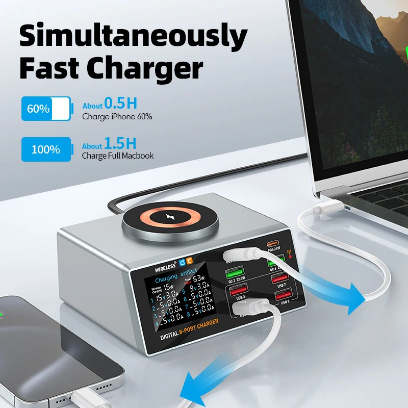 محطة شاحن USB C PD QC ذكية ذات 8 منافذ مع شاشة رقمية للتحكم في تطبيق Tuya متوافقة مع سلسلة iPhone 16 Pro WLX X9A