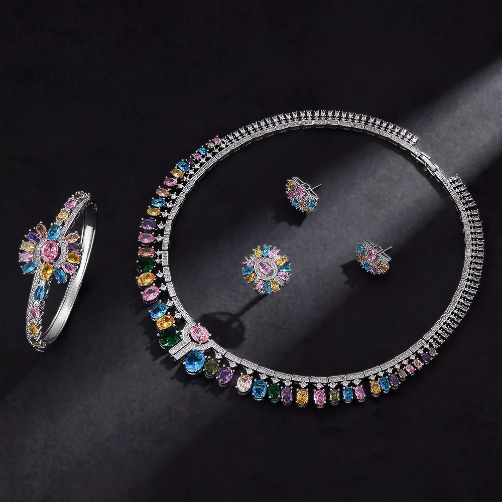 Women Colorful Gems Jewelry Set Exaggerated Luxury Bridal Wedding Banquet Matching Accessories