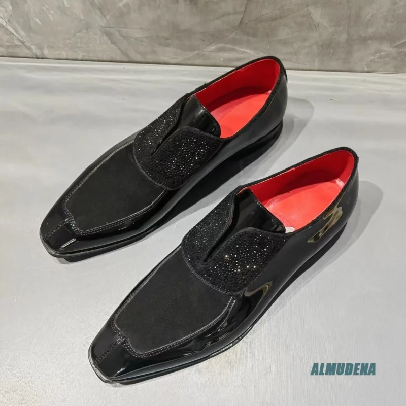 Black Rhinestone Suede Patent Leather Loafers Men's Pointed Toe Slip-On Street Style Formal Party Office Low-Top Dress Shoes