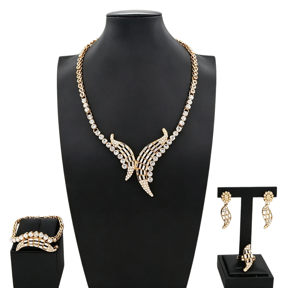 Luxury Bridal Jewelry Set for Nigerian Wedding Party Dubai Gold Plated Crystal Wing Choker Necklace Earrings Ring HC2502114