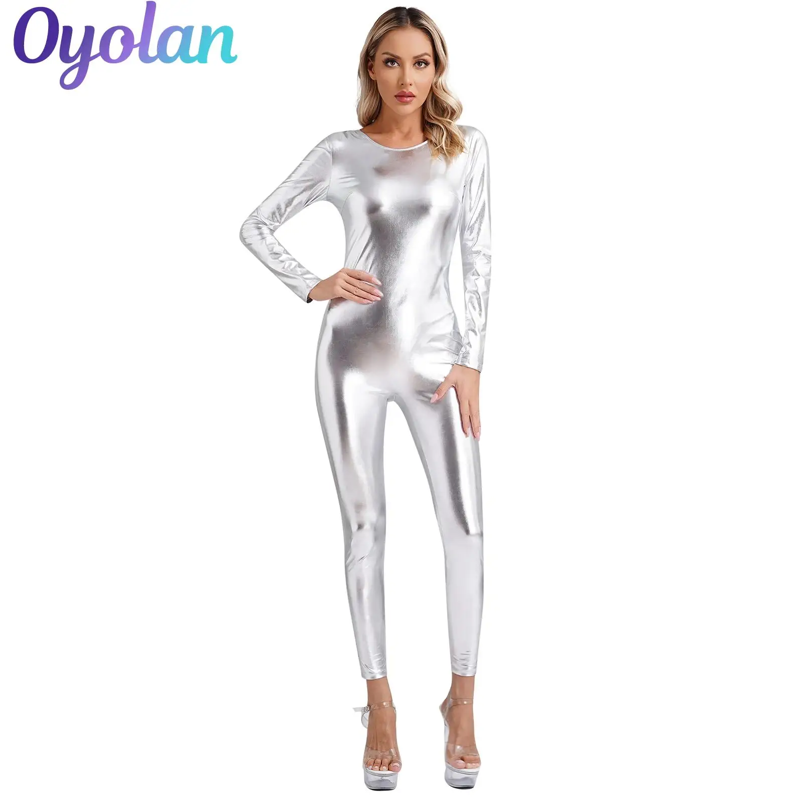 

Womens Metallic Shiny Unitard Dancewear Long Sleeve Slim Fit Full Body Bodysuit Jumpsuit One Piece Clubwear Festival Costumes
