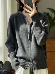 100% Merino Wool Cardigan Sweater Autumn Winter Women Zipper Hoodie Long Sleeve Pure Colors Cashmere Knitwear Female Clothing