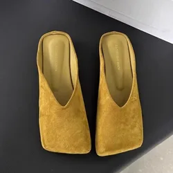 Women's Fashion Baotou Slippers Fall New Square Head Shallow Mouth Suede Soft Sole Anti-slip Wear-resistant Flat Shoes