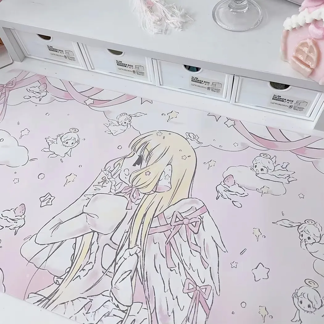 Hot Leather Desk Pad Protector Pink Anime Angel Wings Bow Girl Mouse Pad Office Desk Mat Waterproof Non-Slip PU Desk Blotter Pad