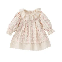 HoneyCherry Spring New Girl Lace Collar Dress, Sweet Floral Princess Dress for Baby Girls Toddler Girl Clothes