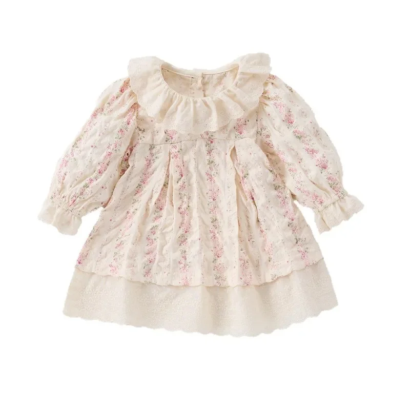 HoneyCherry Spring New Girl Lace Collar Dress, Sweet Floral Princess Dress for Baby Girls Toddler Girl Clothes