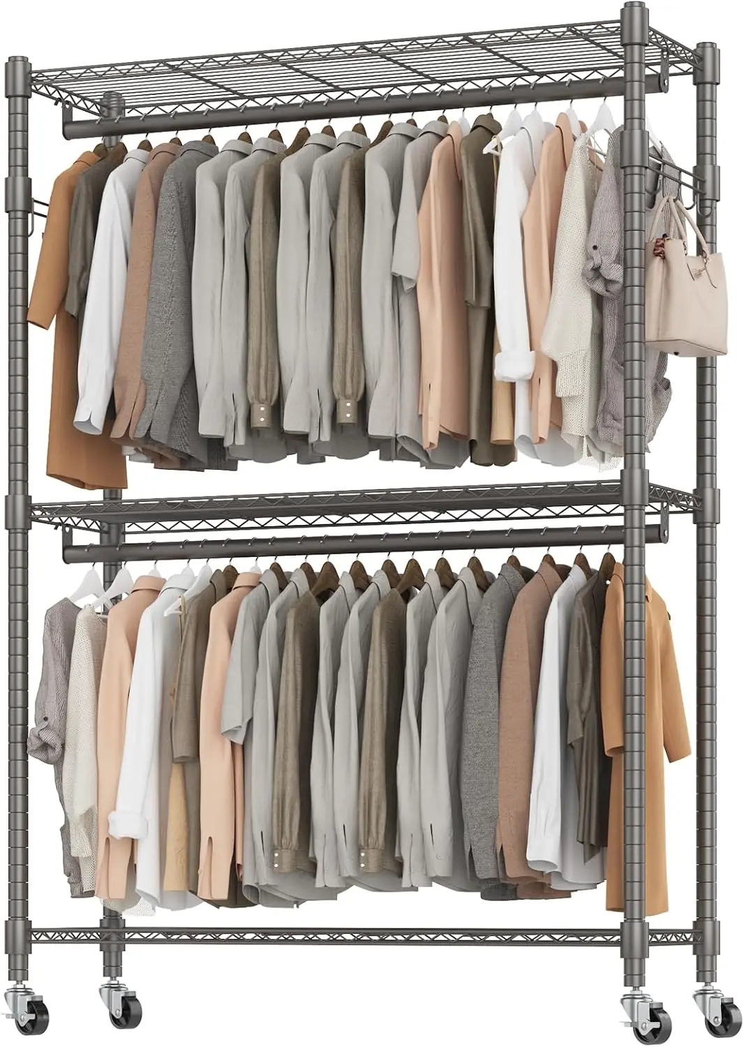 Heavy Duty Garment Rack on Wheels, Rolling Clothes Racks for hanging clothes, Simple Sturdy Wardrobe Rack with Double Han