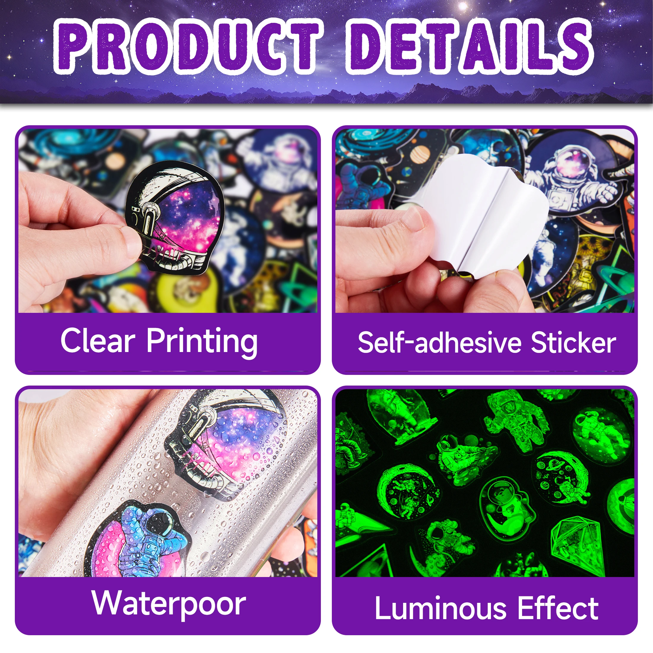 51PCS Glow in The Dark Outer Space Astronaut Stickers, Aesthetic Cartoon DIY Skateboard Motorcycle Luggage Waterproof Sticker