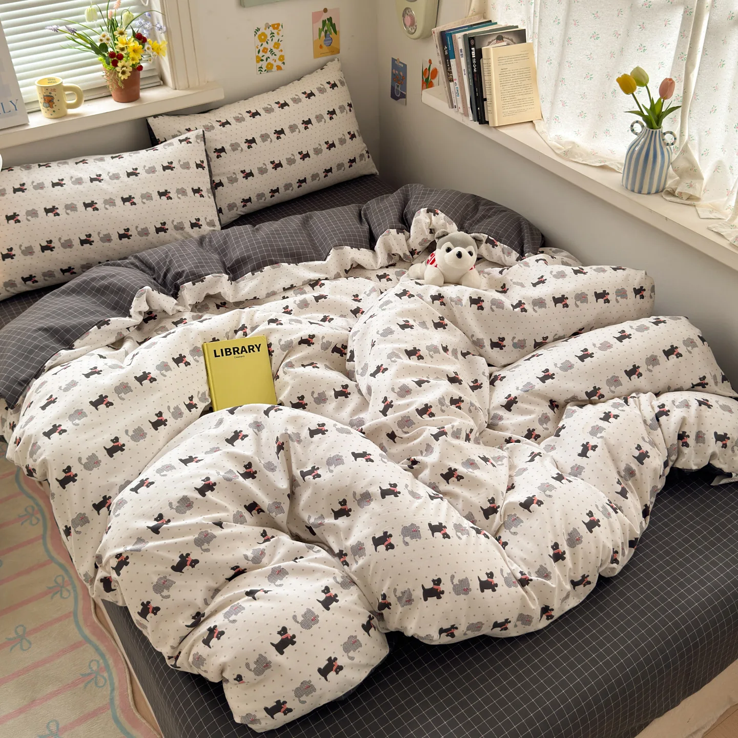Ins Super Soft Washed Cotton Bedding Set 4‑Piece, Sheet Duvet Cover, Bed Fitted Sheet for Student Dorm