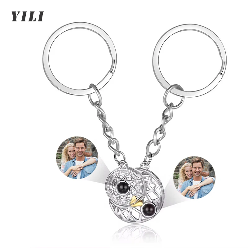 Custom Sun Moon Photo Projection Keychain for Couple Personalized Picture Key Ring Gift For Men Women Memorial Jewelry