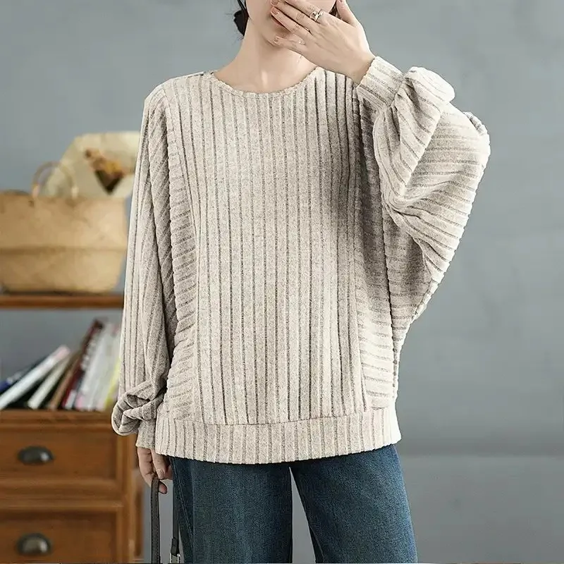 Plus Size Women's Autumn Winter Loose Slouchy Batwing Sleeve Sweatshirt T Shirt Crew Neck Ribbed Base Layer Top