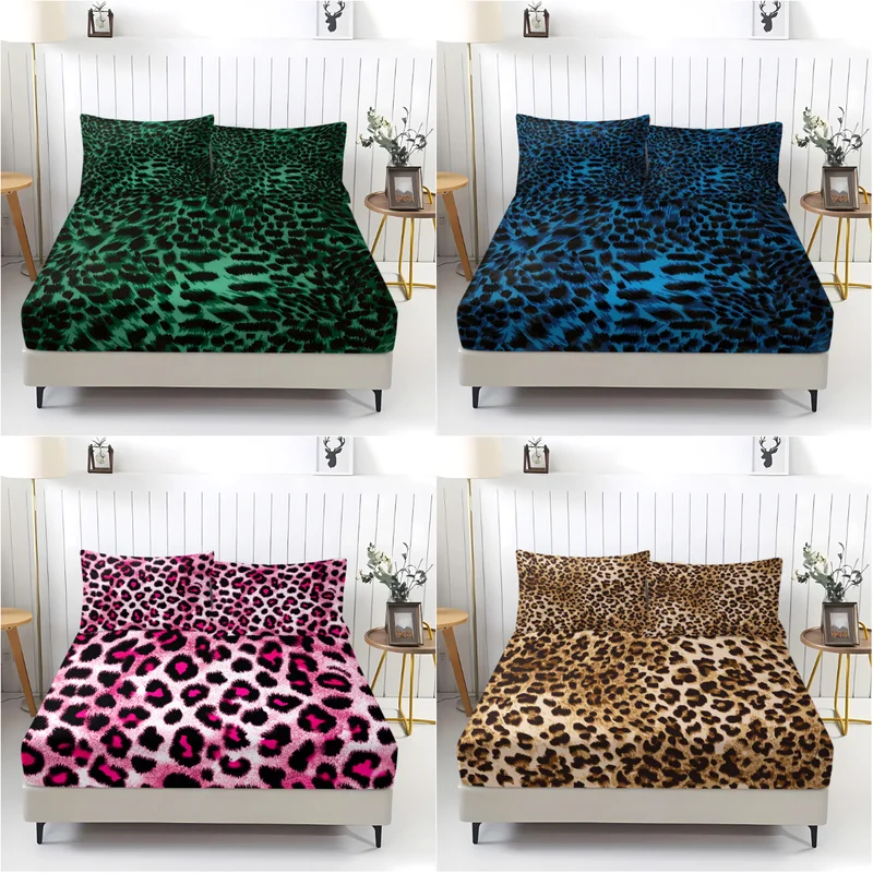 3pcs Set Classic Leopard Print Fitted Sheet (1 Fitted Sheet + 2 Pillowcases, No Pillow) High-Definition Printing for Home Dorm