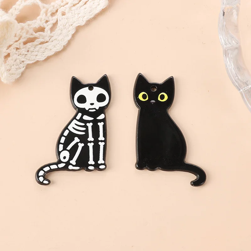 8Pcs Fashion Halloween Acrylic Charms Skull Black Cat Pendant For Earring Necklace Diy Making