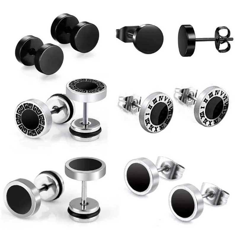 6/8/10/12/15 Pairs Stainless Steel Black Stud Earrings Men's Punk Earring Set Street Hip Hop Earrings Unisex Gift