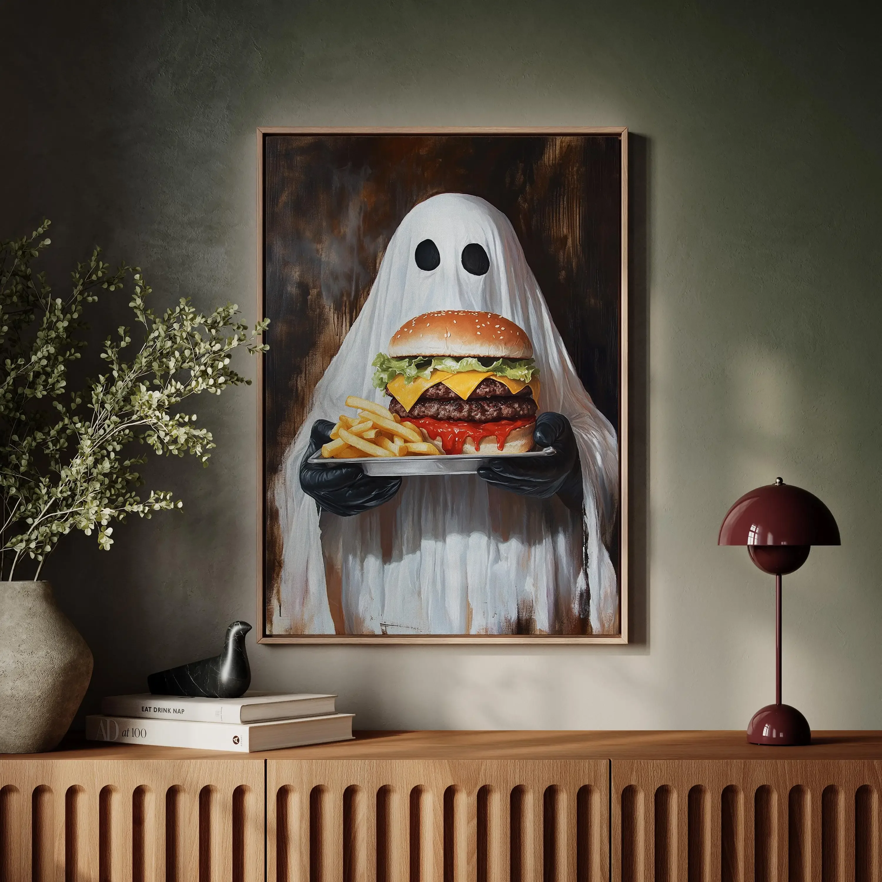 1PC frameless decorative art print,1pc Humorous Ghost and Burger Fries Art Mural Horror Thriller Halloween Kitchen Frameless Can