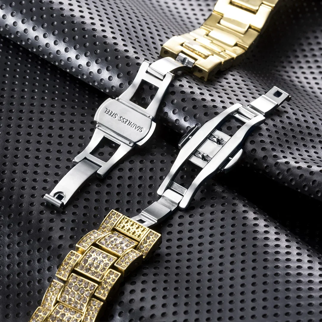 Dropshipping Chronograph 18K Plated Gold Watch Men Diamond Mens Watches Hip Hop Iced Out Quartz Wristwatch Cuban Chain Bracelet