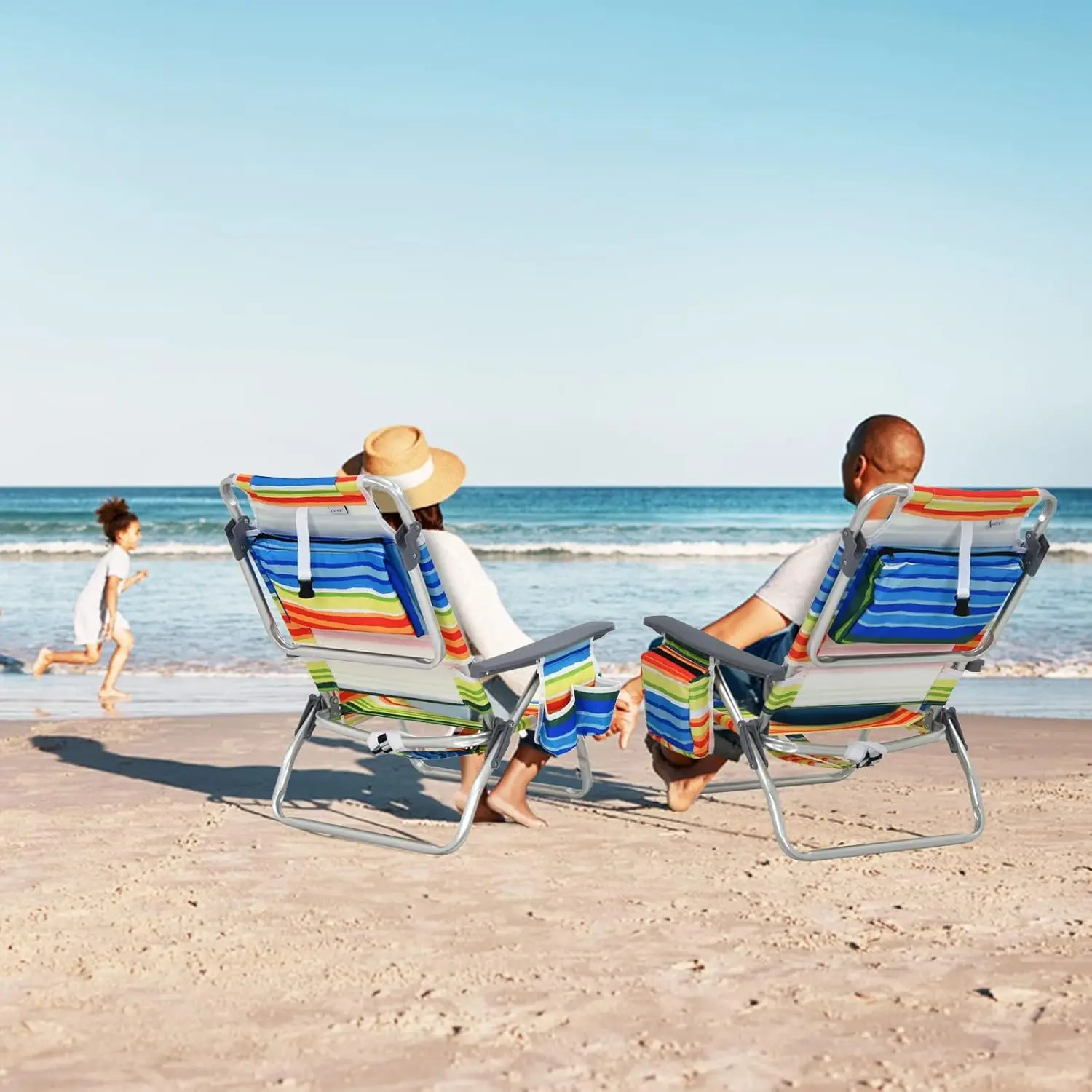 Lot de 4 chaises de plage inclinables à 5 positions, sacs à dos, 2 porte-gobelets, pliables et légères