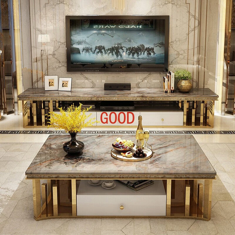 Modern marble TV cabinet and tea table combination post-modern stainless steel low cabinet floor cabinet audio-visual