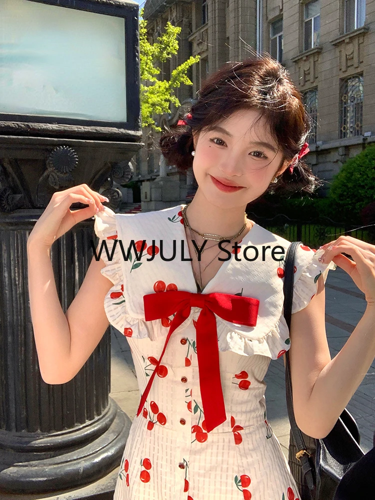 2024 Summer Kawaii Sweet Y2k Mini Dress Woman Sexy Sleeveless Slim Short Party Dress Chic Print Elegant Dress Beach Outwear