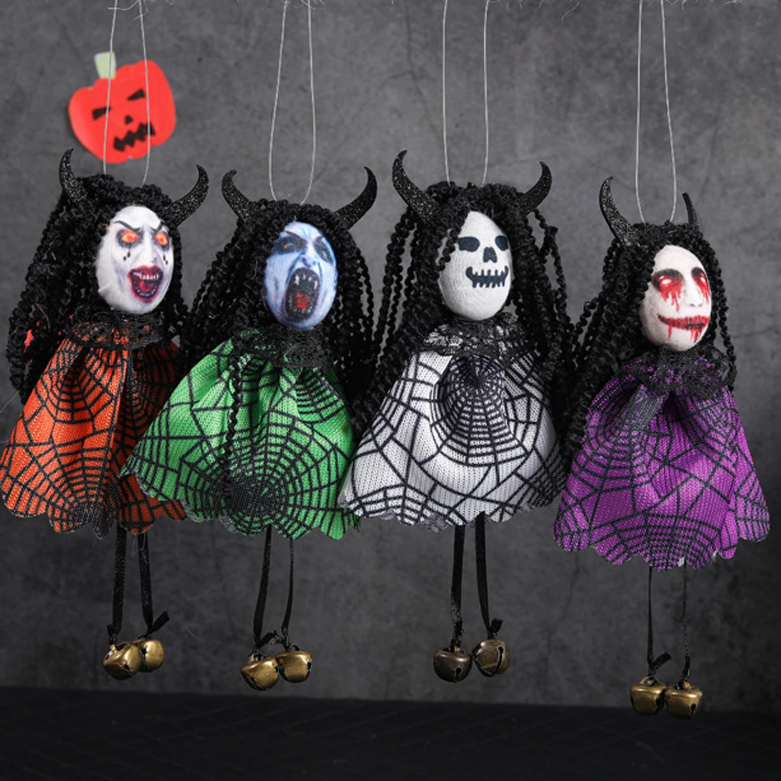 Halloween Ghost Face Witch Doll Hanging Ornament with Bells Scary Bull Horn Ghost Face Decor Pendant Halloween Party Decoration