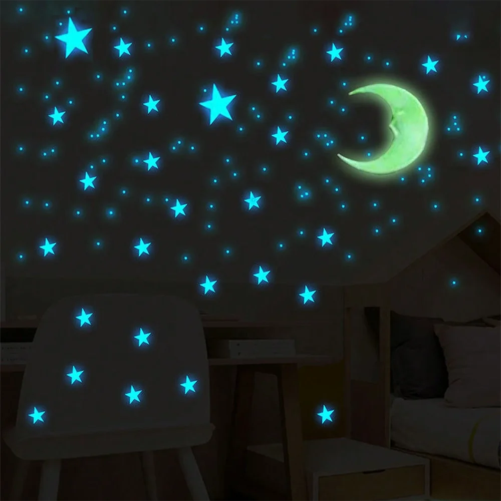 3/50/100pcs Fluorescent Glow the Dark 3D Stars Moon Wall Stickers Kids Baby Rooms Decoration Girls Bedroom Ceiling Home Decor