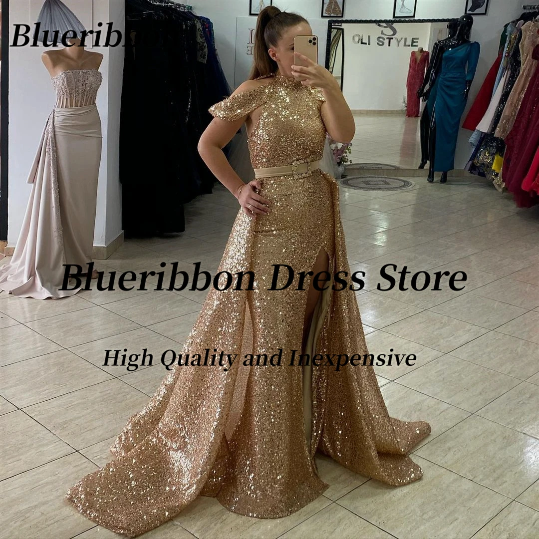 

Blueribbon Sparkling Sequins Side Slit Dresses for Evening Party Detachable Long Train Prom Dress Zipper Back Vestidos De Noches