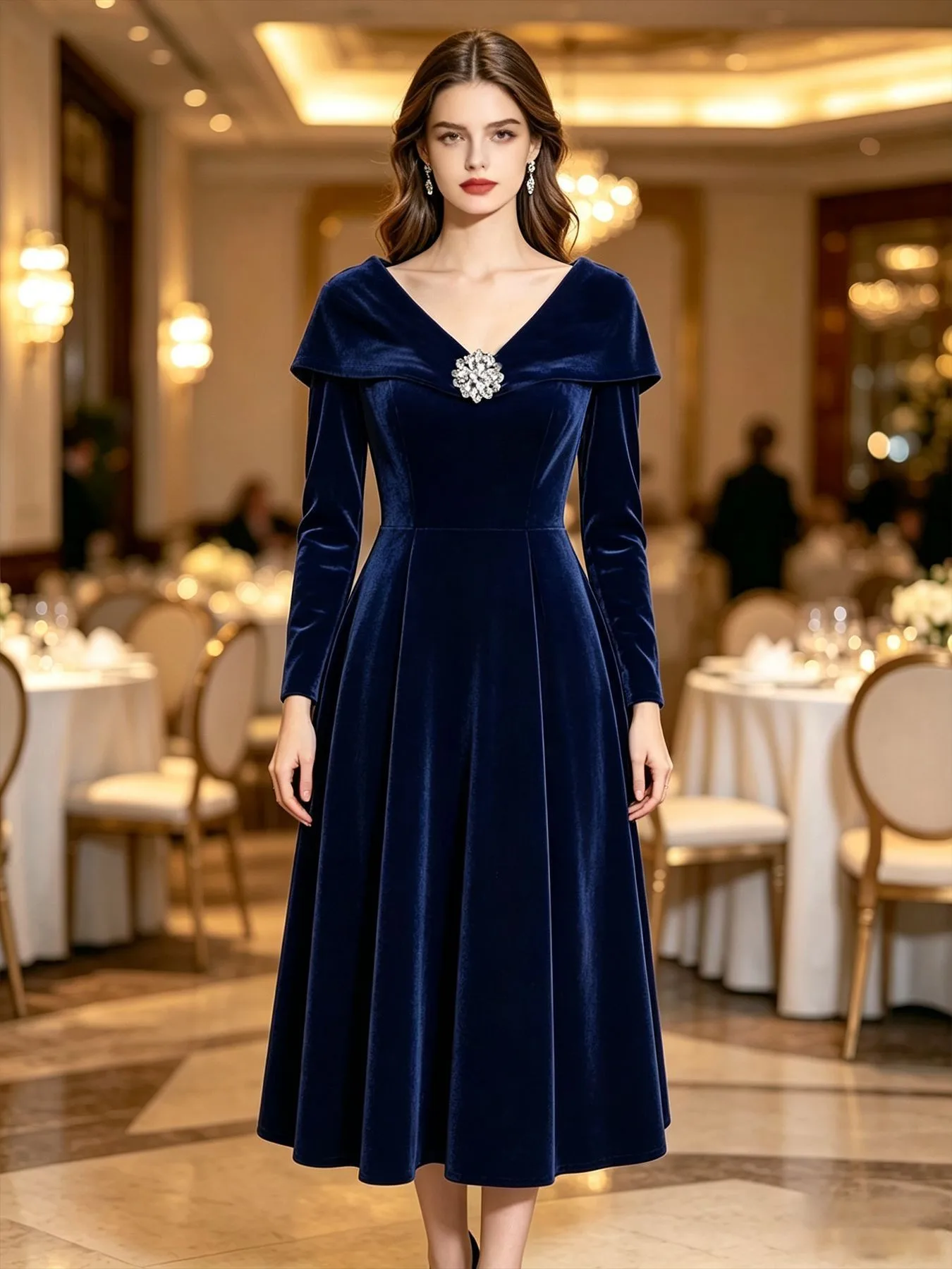 A Line Gown V Neck Long Sleeve with Elegant Ladylike Socialite Style Regular Sleeve Pullover Mid Waist Wedding Dress for Women