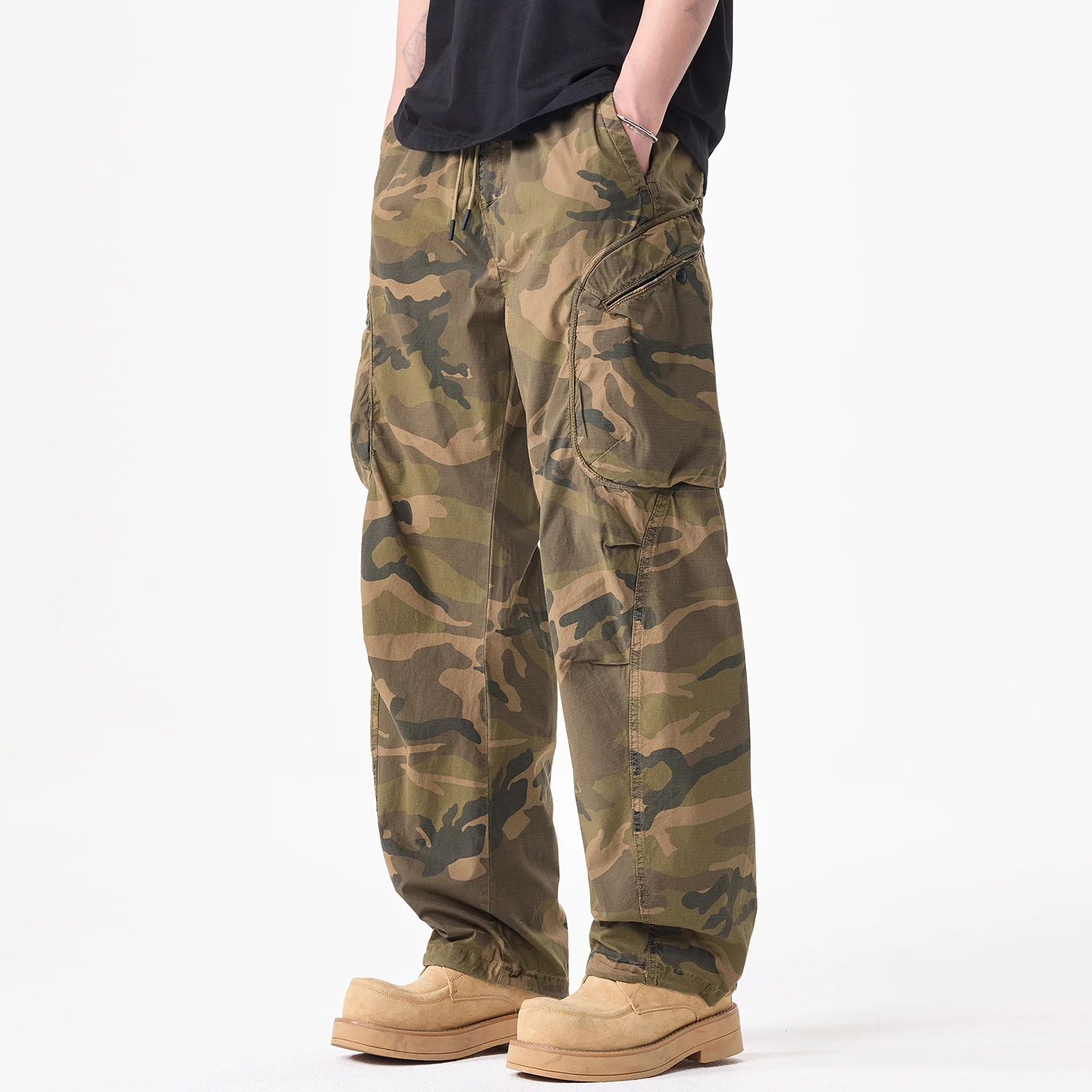 

2026 Spring Summer Washed Camouflage Cargo Pants for Men American Retro Trendy 98% Cotton Straight-Leg Loose Fit Casual Trousers