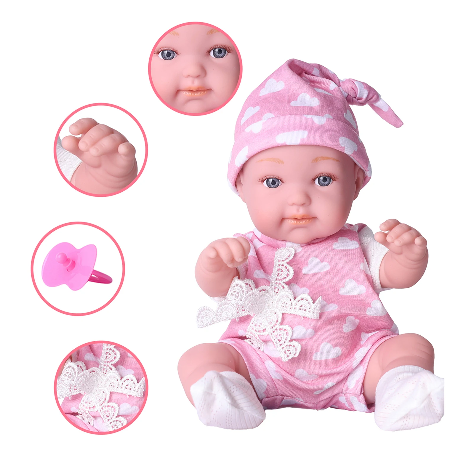 32 cm große wiedergeborene Babypuppe, 12,6 Zoll, interaktives Kinderspielzeug für 3+ rosa Sonnenhut mit vorgetäuschtem Schnuller, lebensechtes Geburtstagsgeschenk für Mädchen