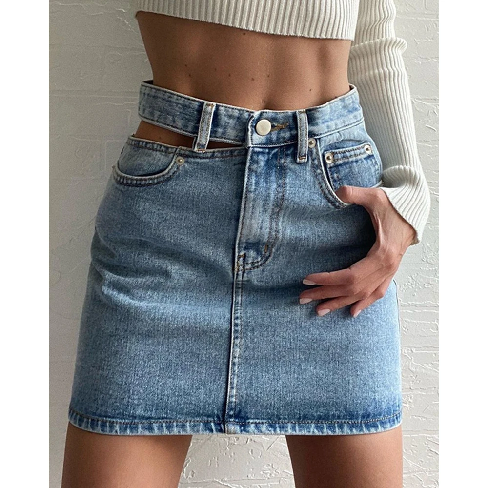 

2024 Summer Women Hollow Out Denim Skirts Casual Femme High Waist Bodycon Mini Skirts Spring in New Casual Clothing Outwear