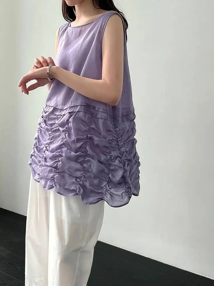 Women Purple Pleated Elegant Long Tank Tops New Round Neck Sleeveless Personality Fashion Tide Spring Summer