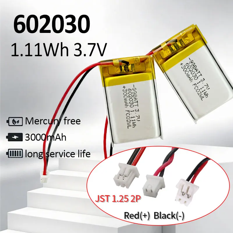 3.7V JST 1.25 Li-Polymer Battery 300mAh 2pin 602030 Lithium Batteries for Bluetooth Ear Charging Case Smart Bracelet Door Lock