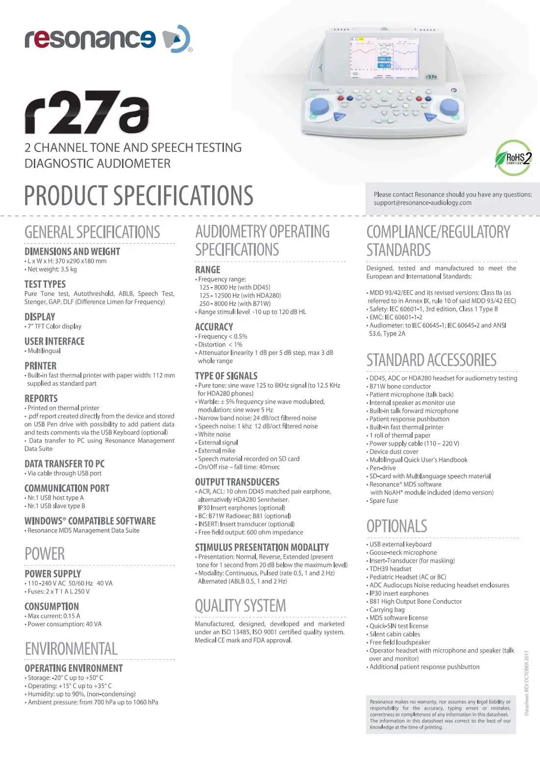 Resonance 2 Channel Tone and Speech Testing Diagnostic Audiometer R27A Resonance Audiometer R27A Audiometer