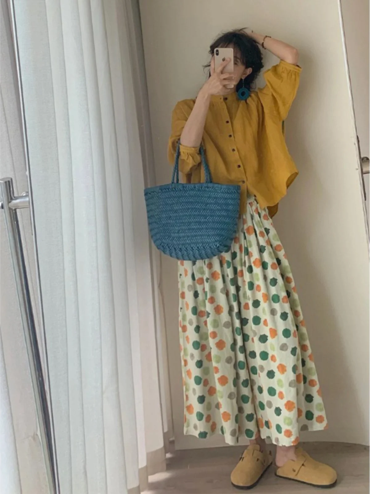 

Faionable Linen Set Midi Sve Buttoned Asymmetrical Print Skirt Two-Piece Set Summer Seasonal Clothing for Women 25-35 Ye...