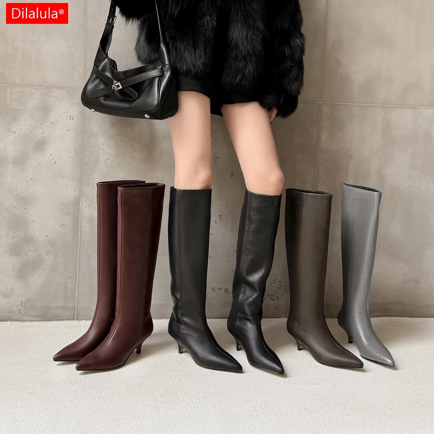 

Dilalula 2026 Trendy Real Leather women's Knee High Boots Pointed Toe Kitten Heels Slip On Street Long Boots Lady Fashion Shoes