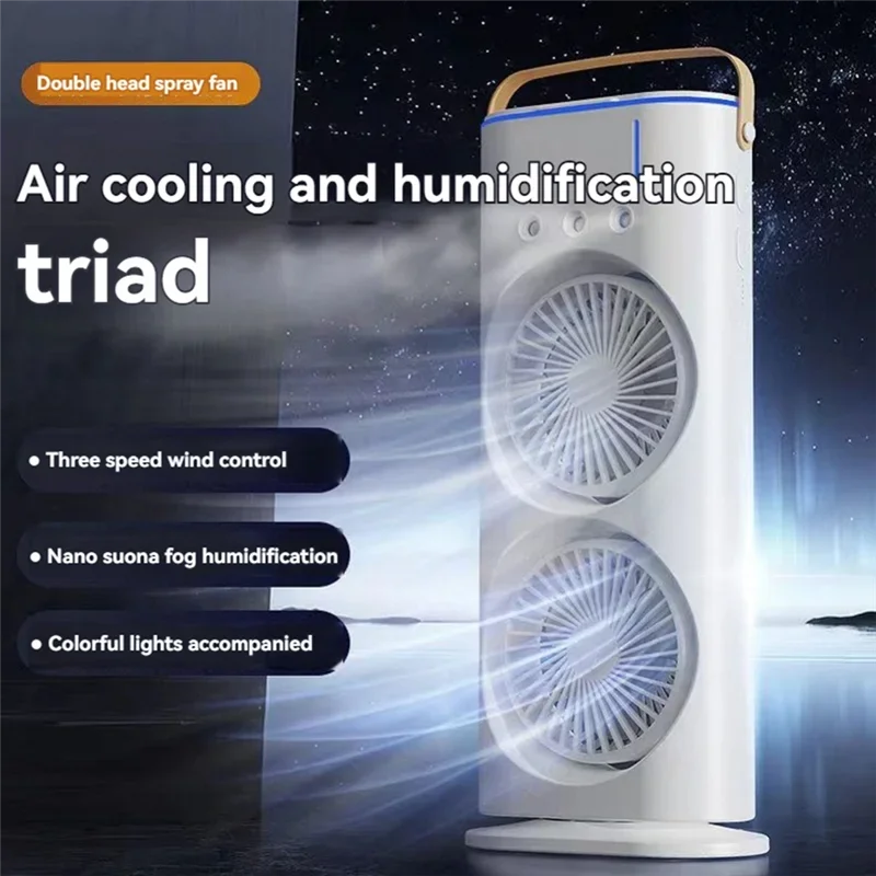 3 in 1 Dual-head Fan Household Mini Air Cooler LED Night Light Portable Humidifier Air Adjustment Fan for Office, Home