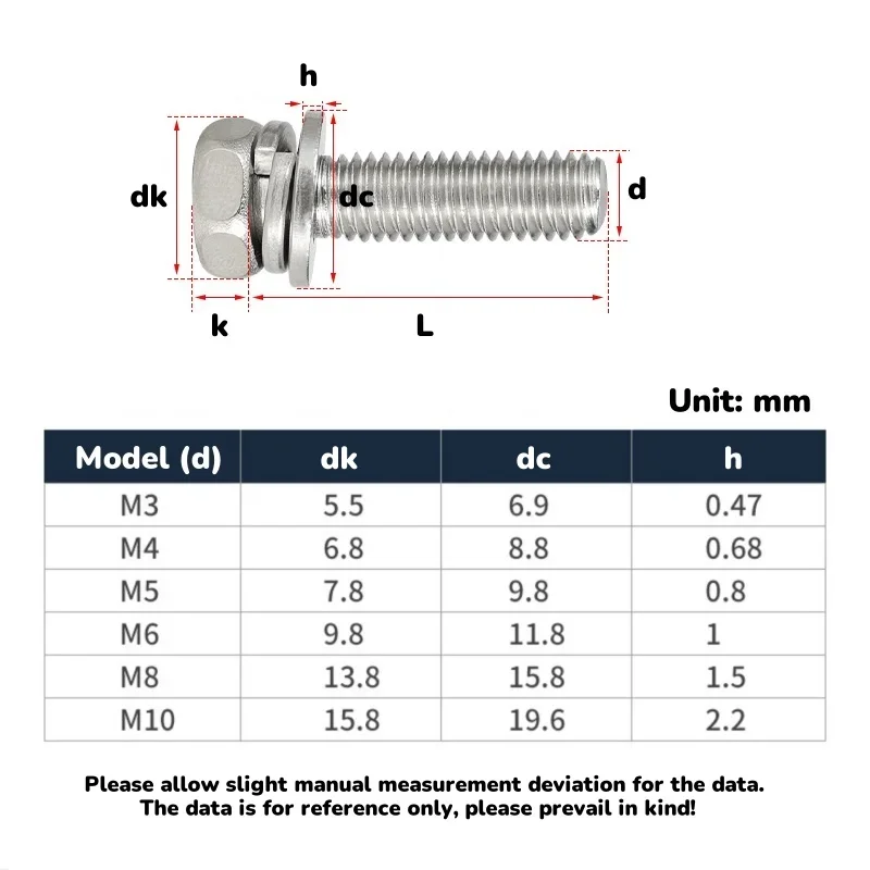 

M3 M4 M5 M6 M8 M10 Stainless Steel Phillips External Hex Hexagon Head SEM Screw CrossFlat Washer Spring Gasket Assemble Bolt