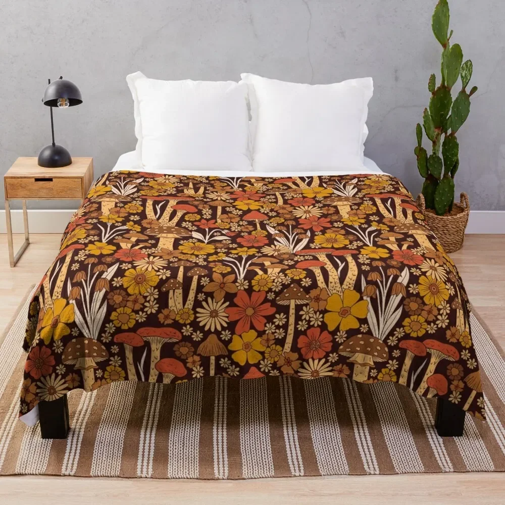 

Retro 1970s Brown & Orange Mushrooms & Flowers Throw Blanket Moving Thin Blankets