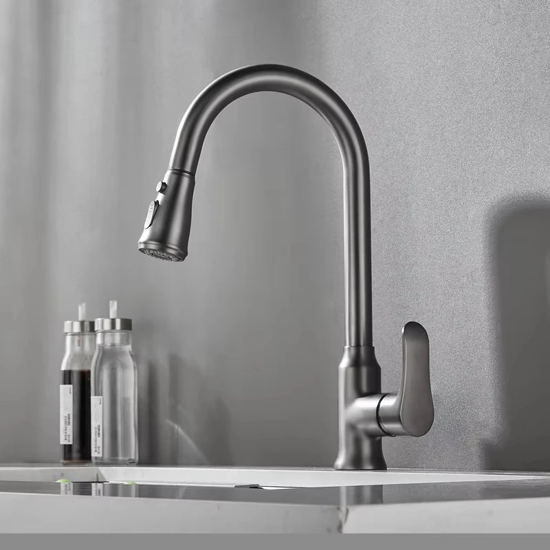 

Chrome/black mixed kitchen faucet, pull-out spout, kitchen sink mixer faucet, water jet nozzle.